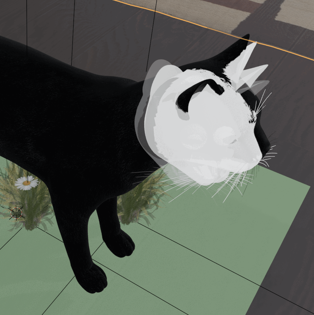 A 3D-modeled head (shown as a cat for variation) with a translucent extruded copy sweeping the head-turn through time, like a solid swept along its own rotation.