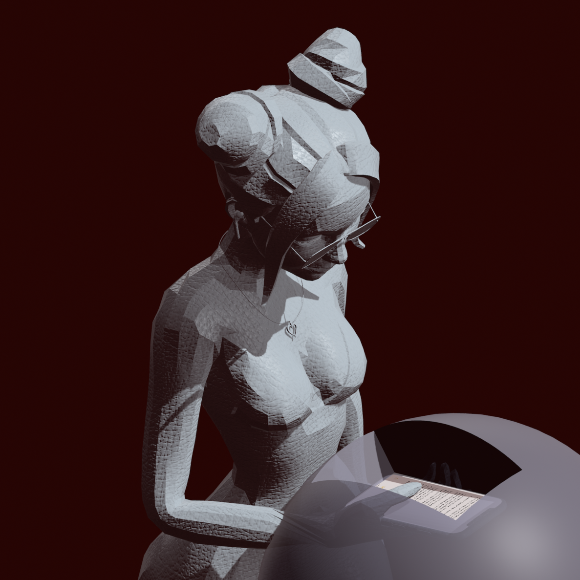 A translucent figure reading, with a camera-like frustum projecting toward a page or object against a deep red field.